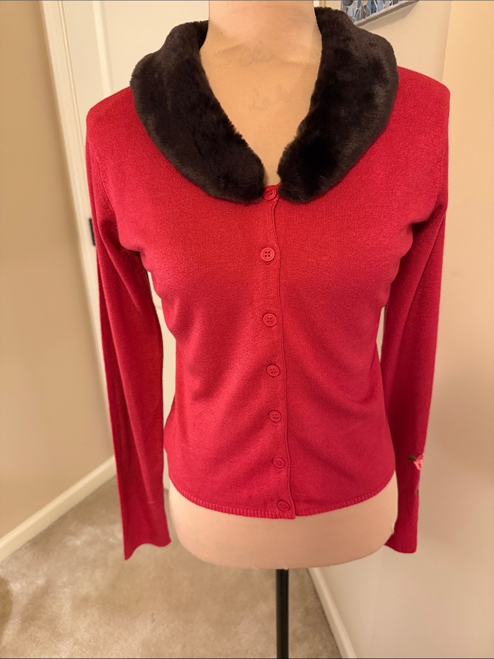 Vintage Rust color Button-Front Sweater with Brown Black Faux-Fur Collar